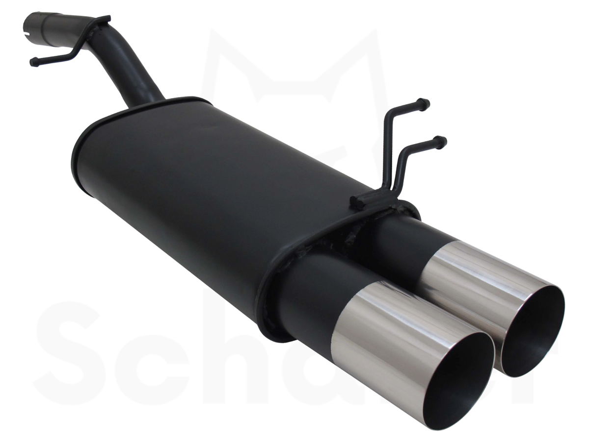 Schafer sports back box for Ford Fiesta MK6 with twin 90mm stainless steel tailpipes. Straight-cut, sharp-edge design