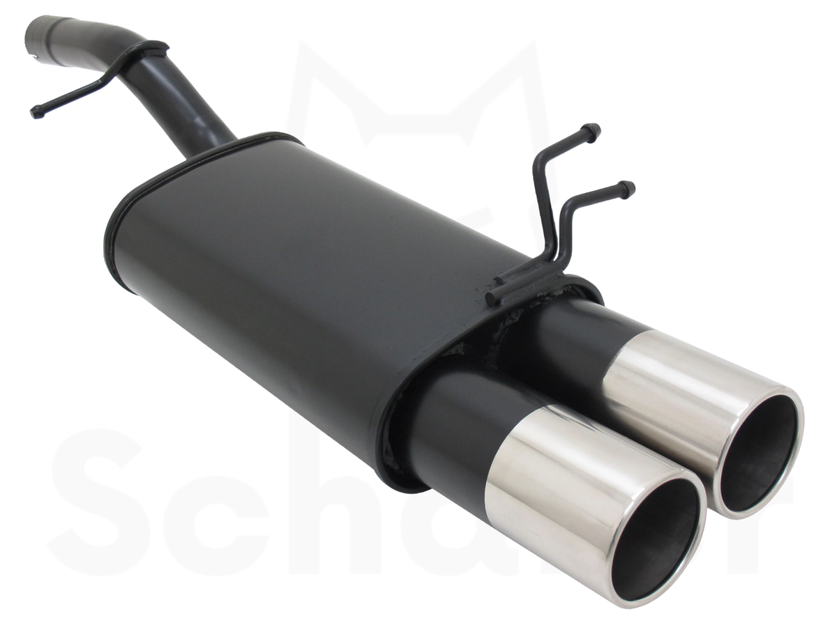 Schafer sports back box for Ford Fiesta MK6 with twin 90mm stainless steel tailpipes. Straight-cut, roll-edge design
