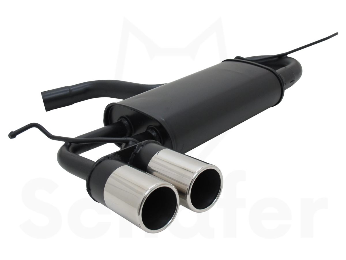 Schafer performance back box for Audi A3 (8P) with twin 76mm stainless steel tailpipes. Straight cut roll edged tailpipe design.