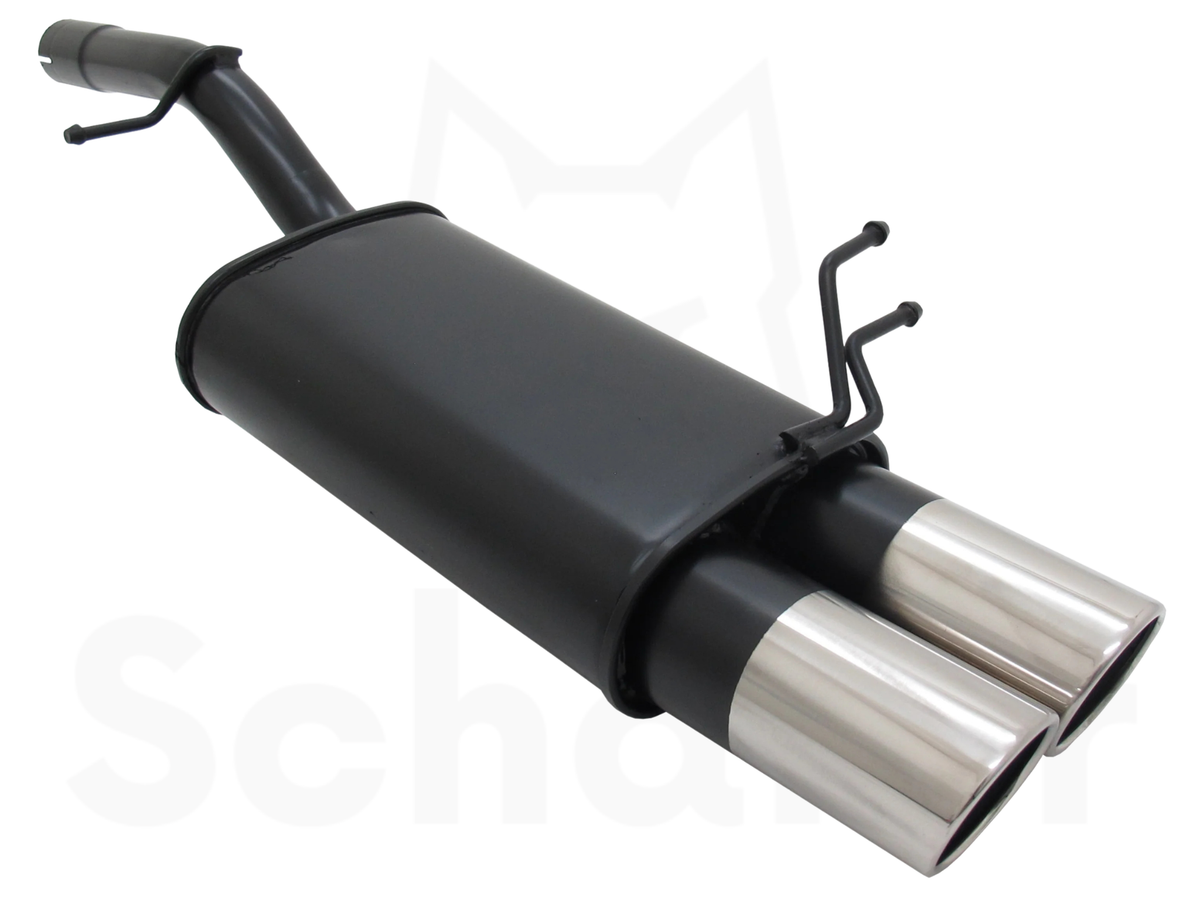 Schafer sports back box for Ford Fiesta MK6 with twin 90mm stainless steel tailpipes. Slash-cut, roll-edge design