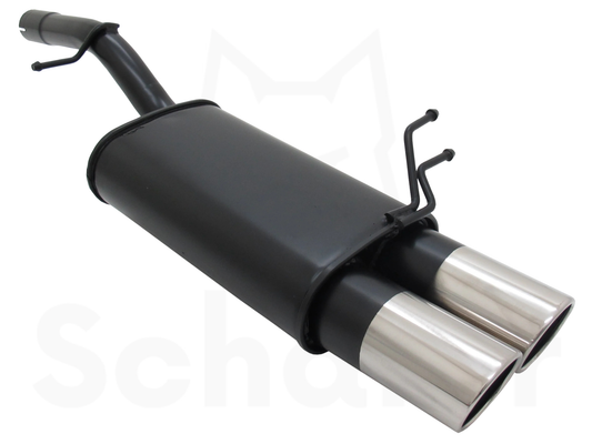 Schafer sports back box for Ford Fiesta MK6 with twin 90mm stainless steel tailpipes. Slash-cut, roll-edge design